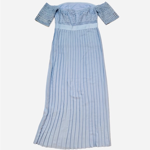 Little Mistress Baby Blue “Ellen” Crochet Lace Bardot Midaxi Dress - Picture 8 of 10